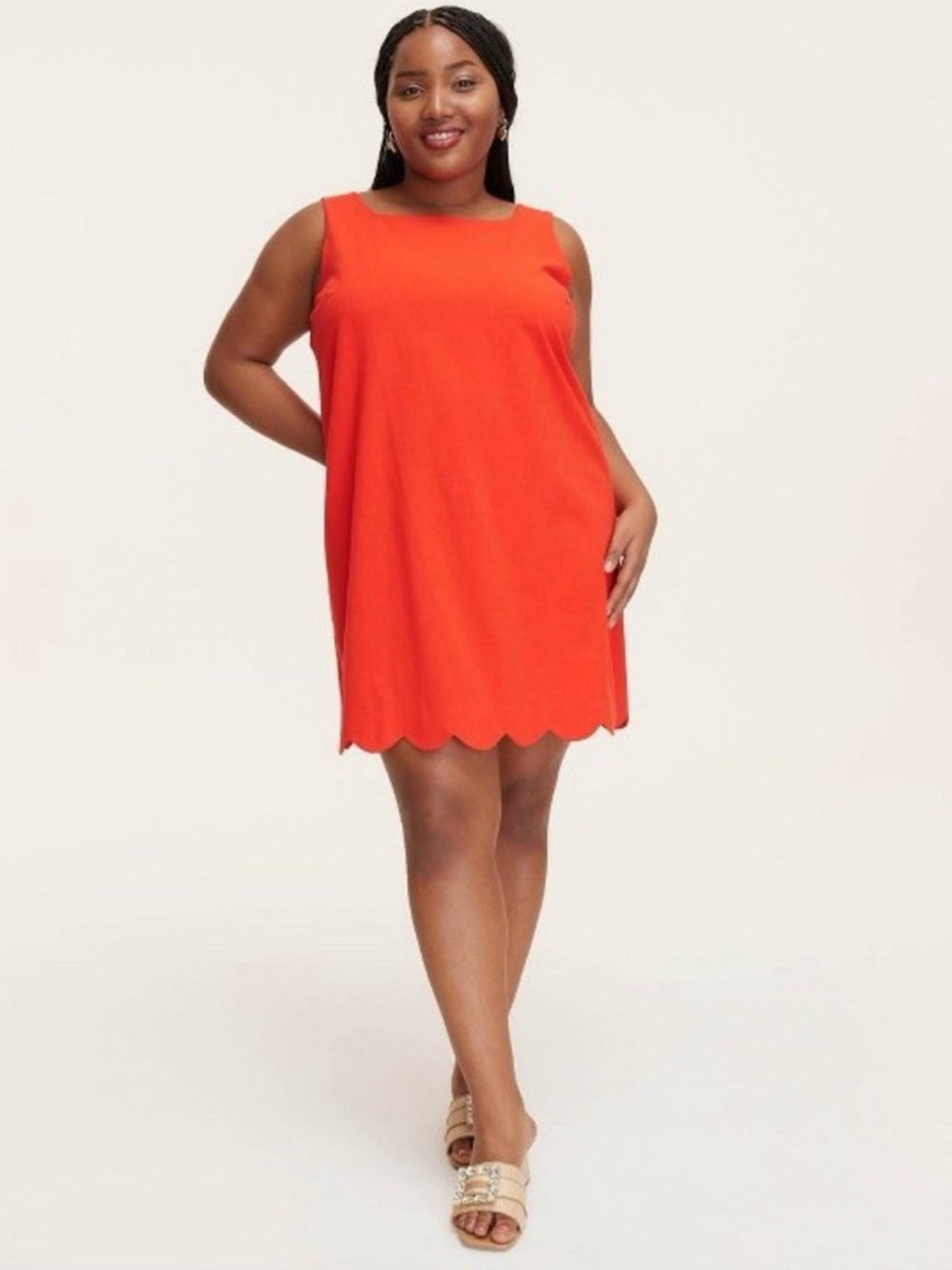 Sleeveless Scallop-Hem Mini Dress in Bright Orange